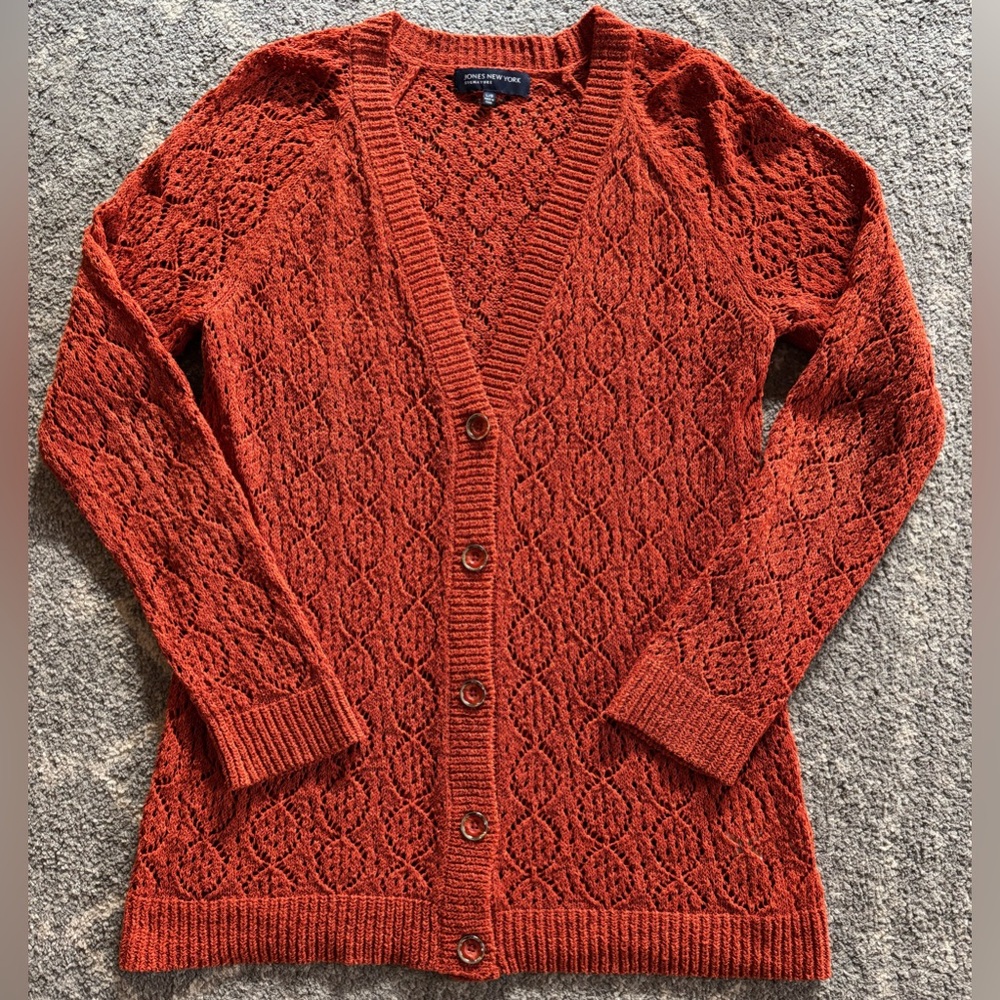 JONES NEW YORK RUSTY FALL POINTELLE LONG SWEATER CARDIGAN URBAN